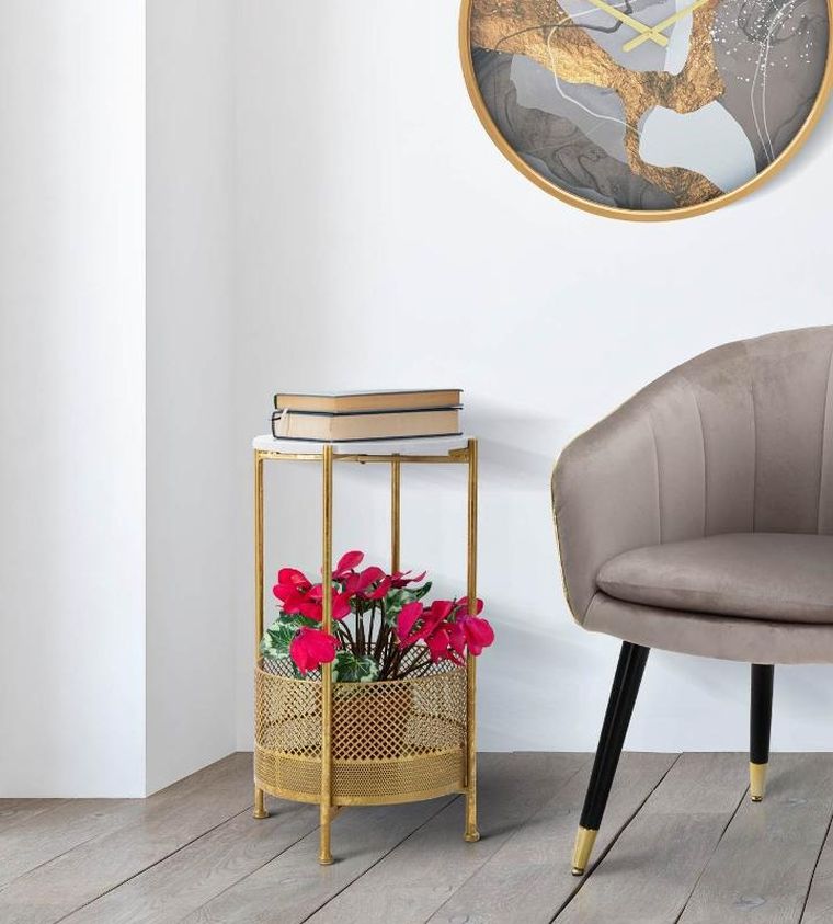 Mauro Ferretti, stolik kawowy z koszem, złoty stelaż, Ø 35 cm