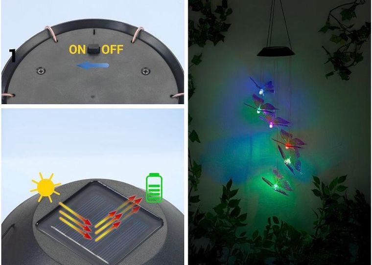 Maximex, lampa solarna wisząca, motyle LED, dzwonek wietrzny, 78 cm