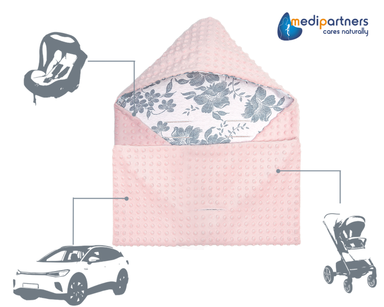 Medi Partners, Berry, otulacz do nosidełka z kapturkiem, minky, różowy, 85-85 cm