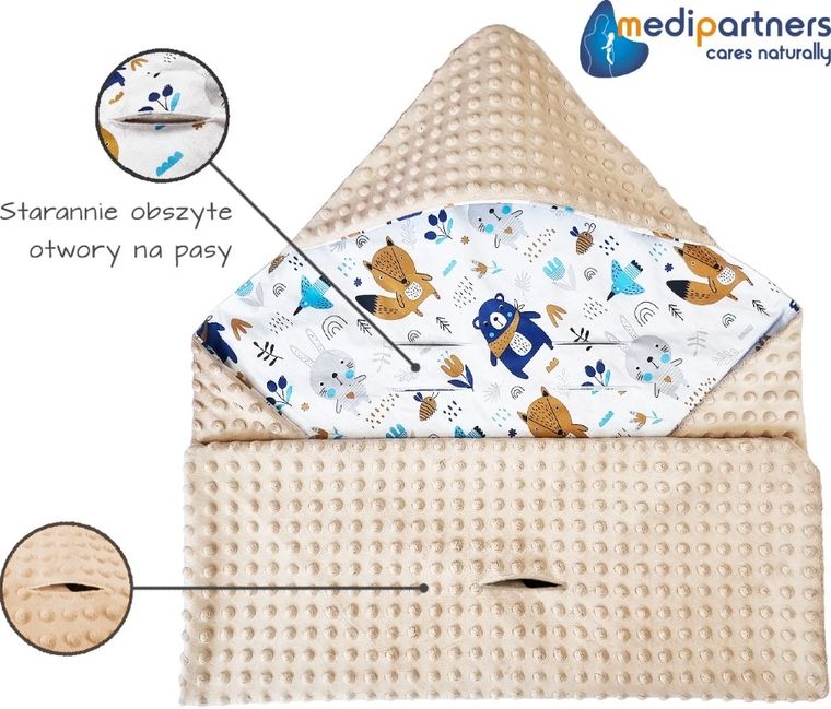 Medi Partners, Boho Animals, otulacz do nosidełka z kapturkiem, minky, beżowy, 85-85 cm