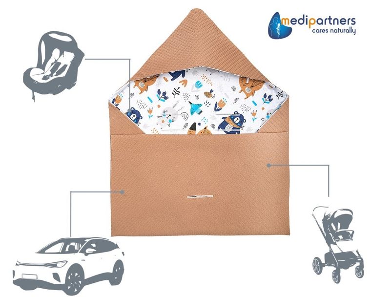 Medi Partners, Boho, otulacz do nosidełka, kocyk z kapturkiem, wafel, 85-85 cm