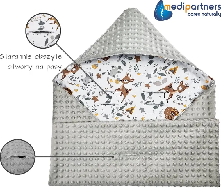 Medi Partners, Jelonki, otulacz do nosidełka z kapturkiem, minky, szary, 85-85 cm