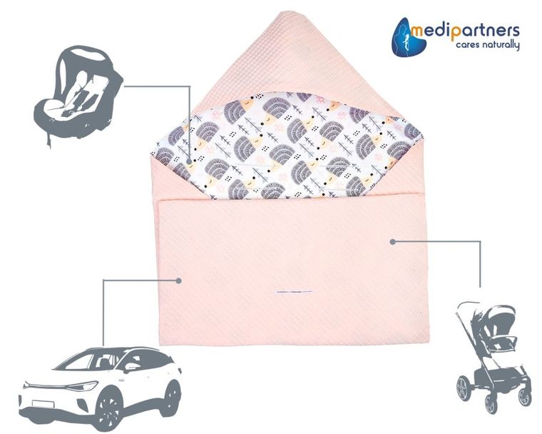 Medi Partners, Jeże, otulacz do nosidełka, kocyk z kapturkiem, wafel, róż, 85-85 cm