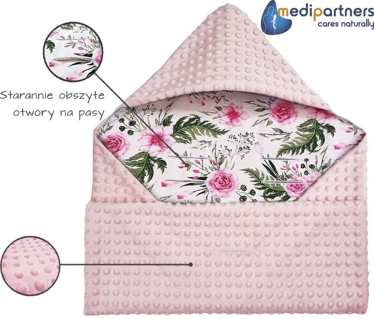 Medi Partners, Kwiaty, otulacz do nosidełka z kapturkiem, minky, różowy, 85-85 cm