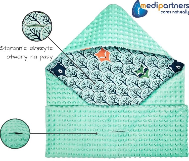 Medi Partners, Las, otulacz do nosidełka z kapturkiem, minky, miętowy, 85-85 cm