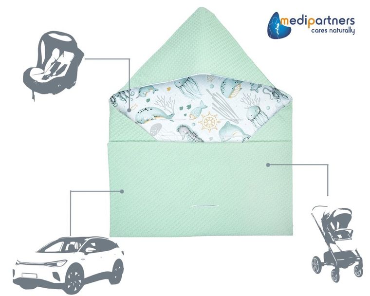 Medi Partners, Ocean, otulacz do nosidełka, kocyk z kapturkiem, wafel, 85-85 cm