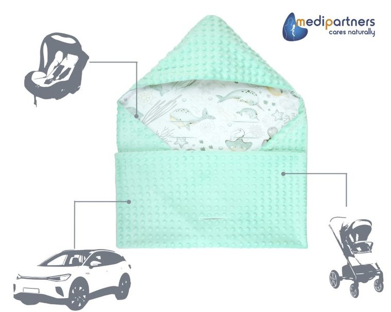 Medi Partners, Ocean, otulacz do nosidełka z kapturkiem, minky, miętowy, 85-85 cm