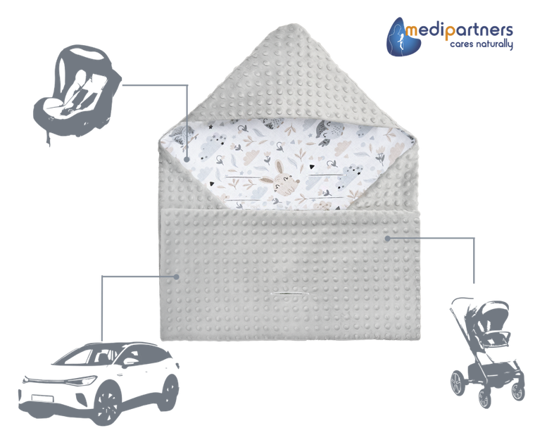 Medi Partners, Polana, otulacz do nosidełka z kapturkiem, minky, szary, 85-85 cm