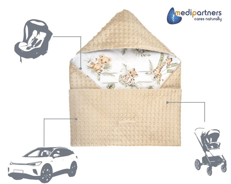 Medi Partners, Safari, otulacz do nosidełka z kapturkiem, minky, beżowy, 85-85 cm