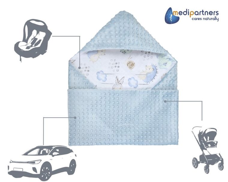 Medi Partners, Sarny, Jeż, otulacz do nosidełka z kapturkiem, minky, błękit, 85-85 cm