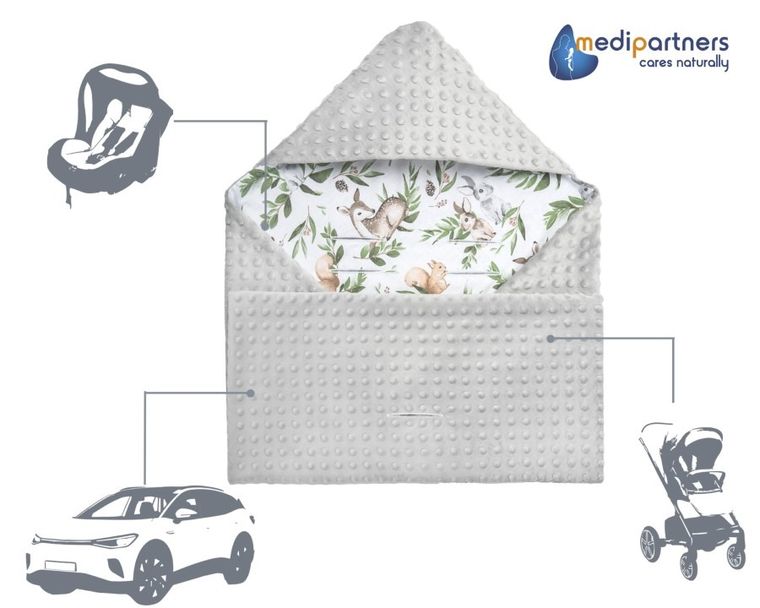 Medi Partners, Sarny, Liście, otulacz do nosidełka z kapturkiem, minky, szary, 85-85 cm