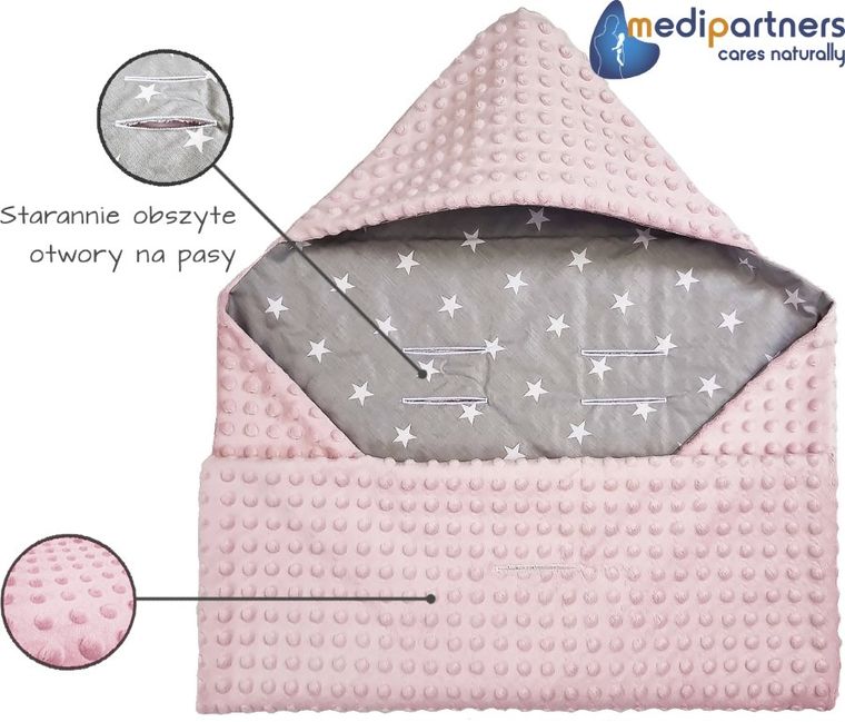 Medi Partners, Stars, otulacz do nosidełka z kapturkiem, minky, szary, jasny różowy, 85-85 cm