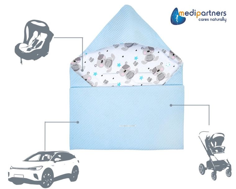 Medi Partners, Teddy, otulacz do nosidełka, kocyk z kapturkiem, wafel, 85-85 cm