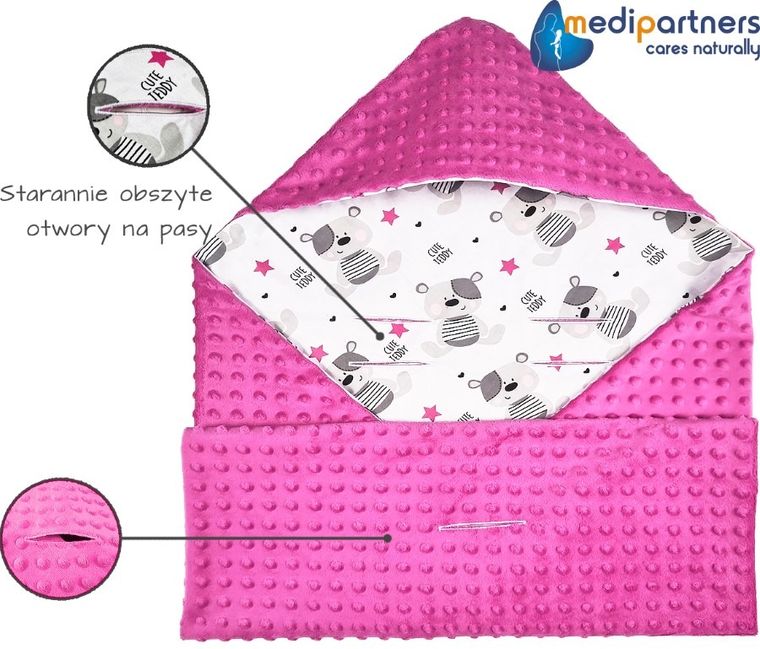 Medi Partners, Teddy, otulacz do nosidełka z kapturkiem, minky, ciemny różowy, 85-85 cm