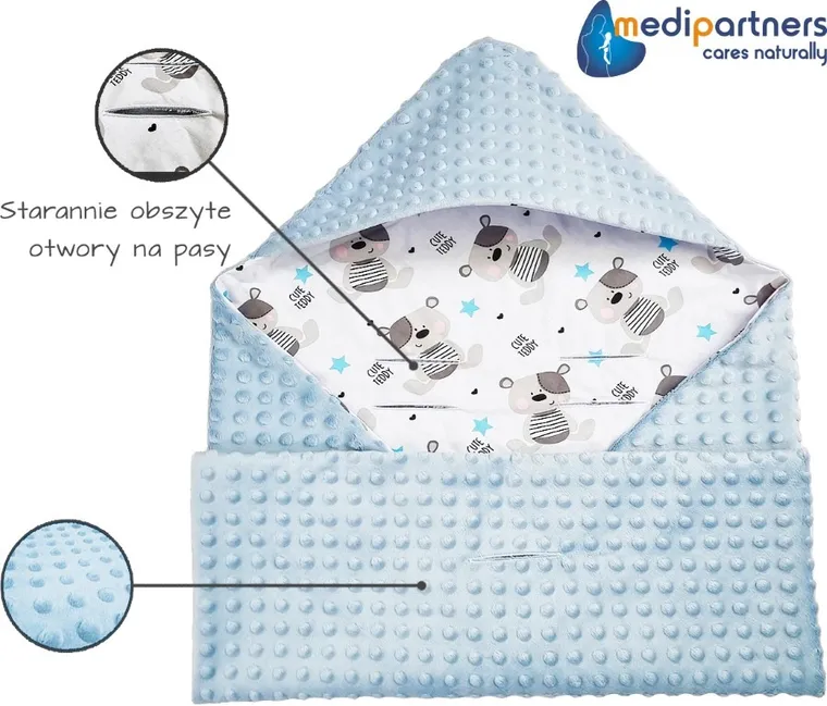 Medi Partners, Teddy, otulacz do nosidełka z kapturkiem, minky, jasny niebieski, 85-85 cm