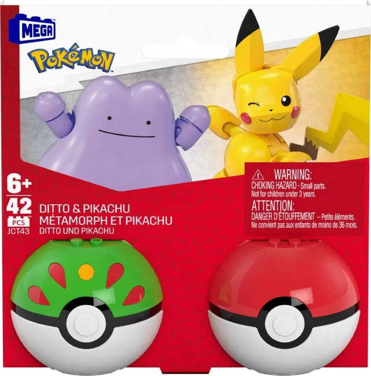 MEGA Pokemon, Pokeball Pikachu i Ditto, 2 figurki, klocki, 42 elementy