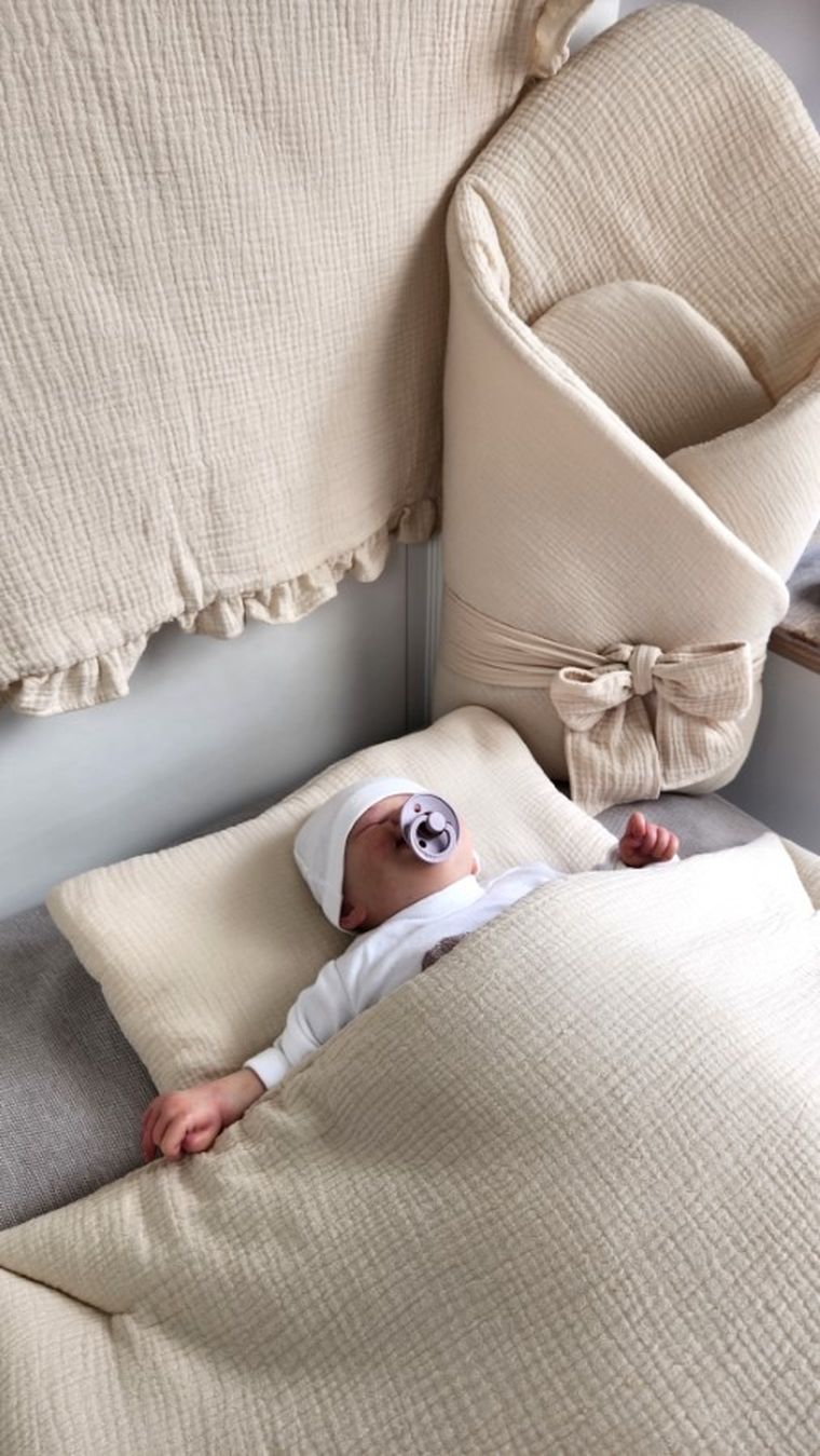 MimiNu, 2-częściowy komplet pościeli muślinowej z wypełnieniem, ciepły beż, 75-100 cm