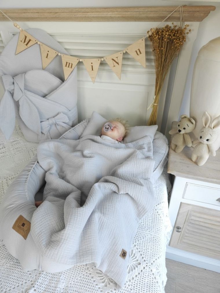 MimiNu, 2-częściowy komplet pościeli z wypełnieniem, całoroczny, muślin bawełniany, szary, 60-70 cm + 40-30 cm