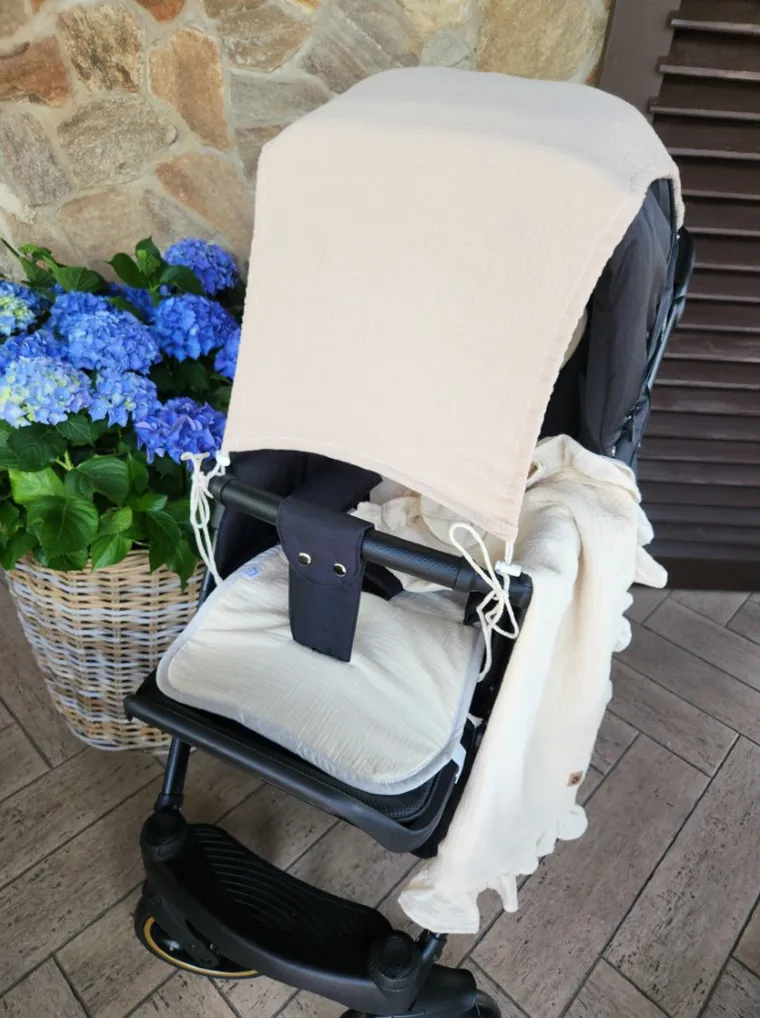 MimiNu, daszek do wózka, przeciwsłoneczna osłonka, muślin bawełniany, ciepły beż