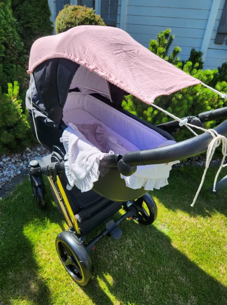 MimiNu, daszek do wózka, przeciwsłoneczna osłonka, muślin bawełniany, pudrowy róż