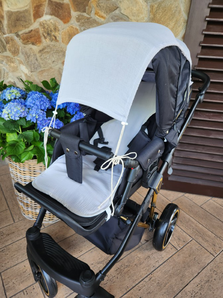 MimiNu, daszek do wózka, przeciwsłoneczna osłonka, muślin bawełniany, szary