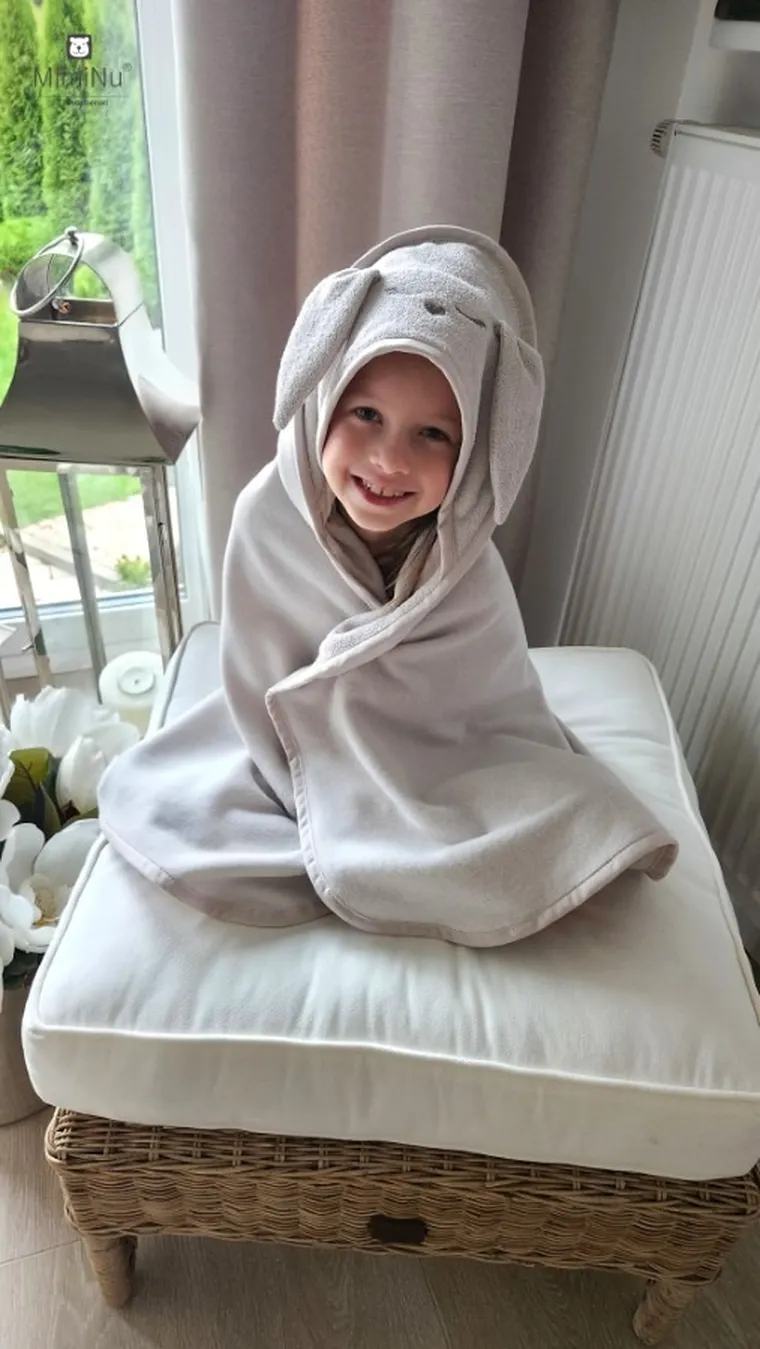 MimiNu, Króliczek, okrycie kąpielowe z haftem i uszami, termofrotte, beż, 100-100 cm