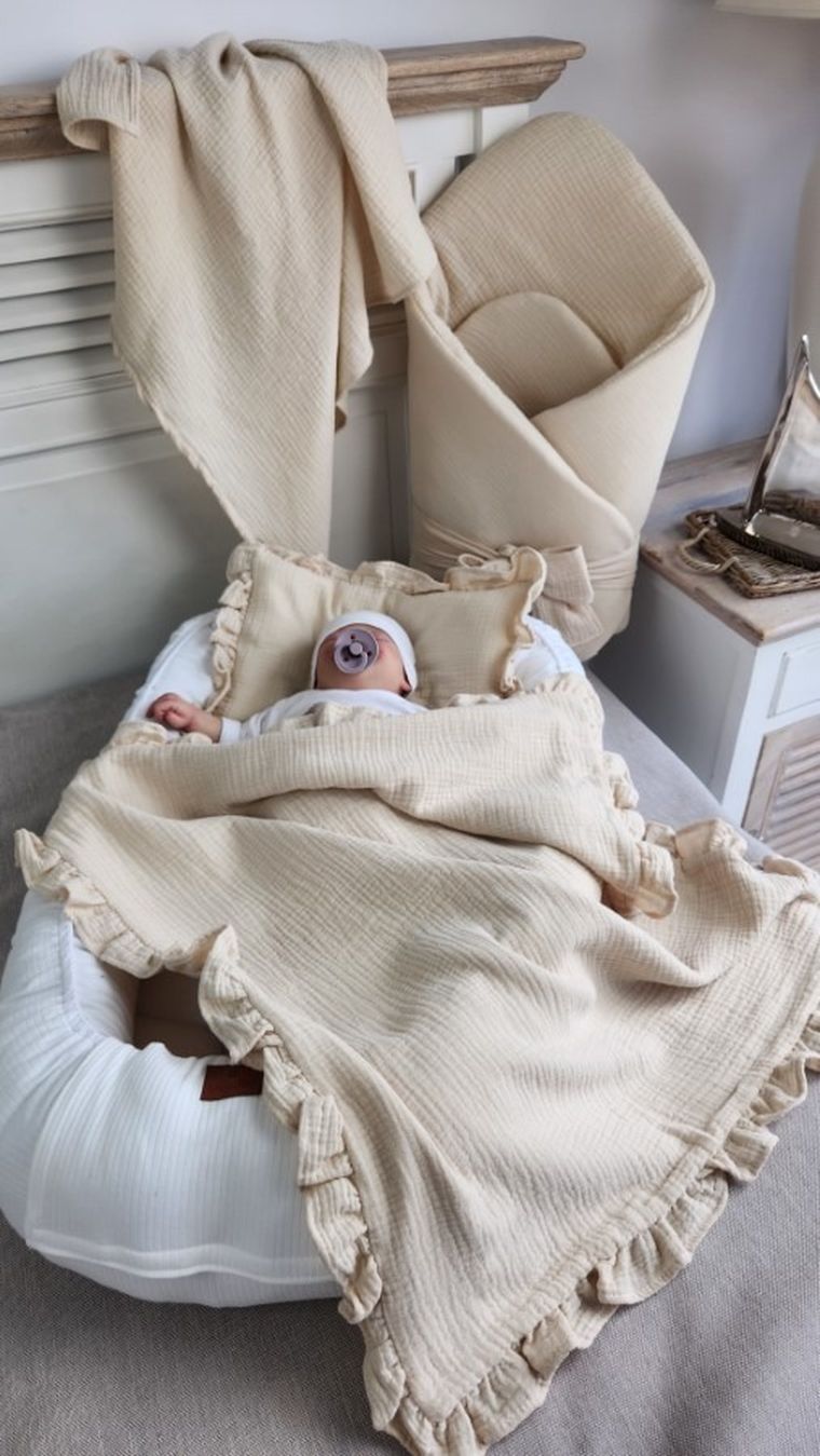 MimiNu, zestaw: muślinowy kocyk i poduszka z poszewką, ciepły beż