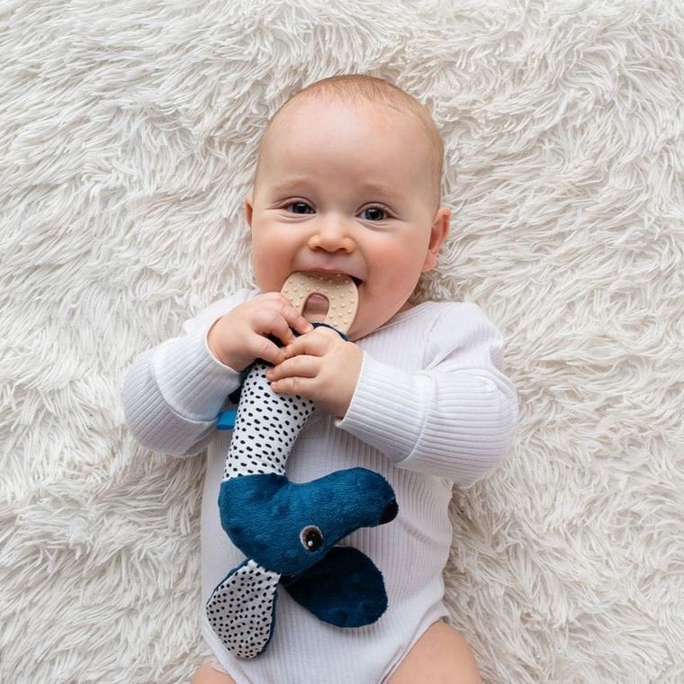 Mom's Care, Jamiś, pastelowy piszczek z gryzakiem, zabawka sensoryczna, granatowy