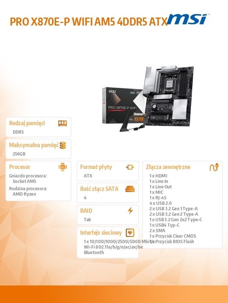 MSI, płyta główna, PRO X870E-P WIFI AM5 4DDR5 ATX