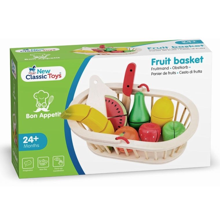 New Classic Toys, drewniane owoce do krojenia w koszyku