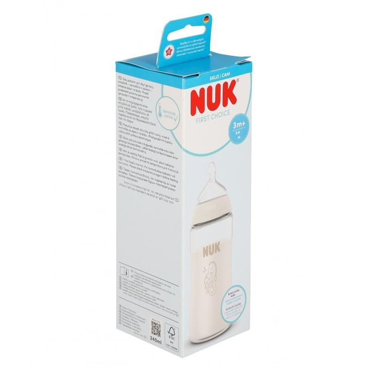 Nuk, First Choice, butelka szklana z silikonowym smoczkiem, rozmiar M, konik morski, 240 ml