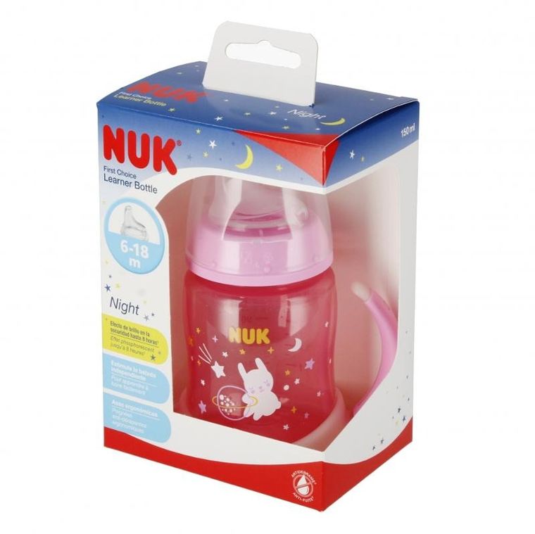 Nuk, First Night, butelka z uchwytem, 6-18m, różowa, 150 ml