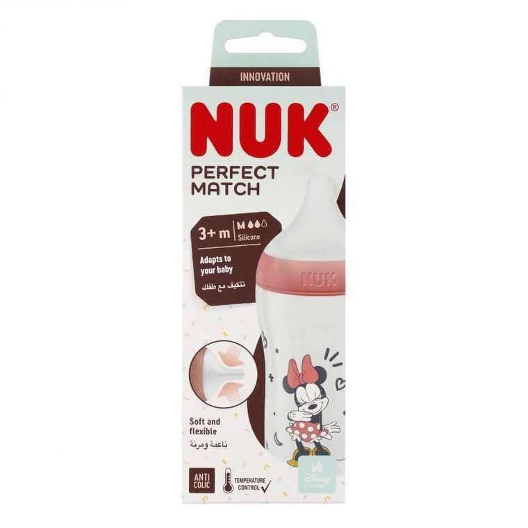 Nuk, Myszka Minnie, Perfect Match, butelka, silikonowy smoczek, rozmiar M, 260 ml