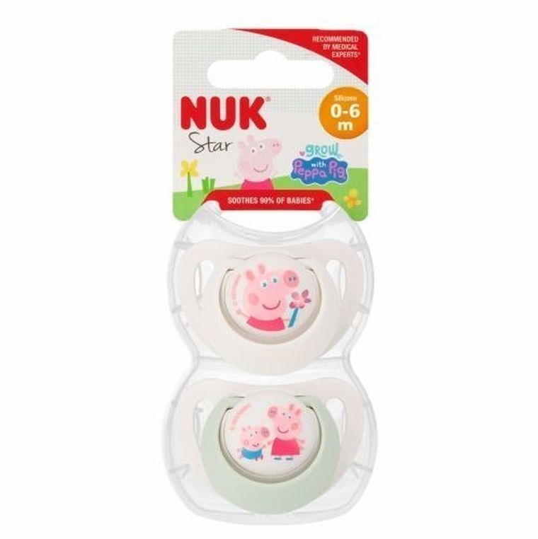 Nuk, Świnka Peppa, Star, smoczek uspokajający, silikonowy, 0-6m, 2 szt.