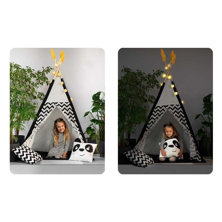 Nukido, namiot tipi z girlandą i światełkami, biało czarny z pandą