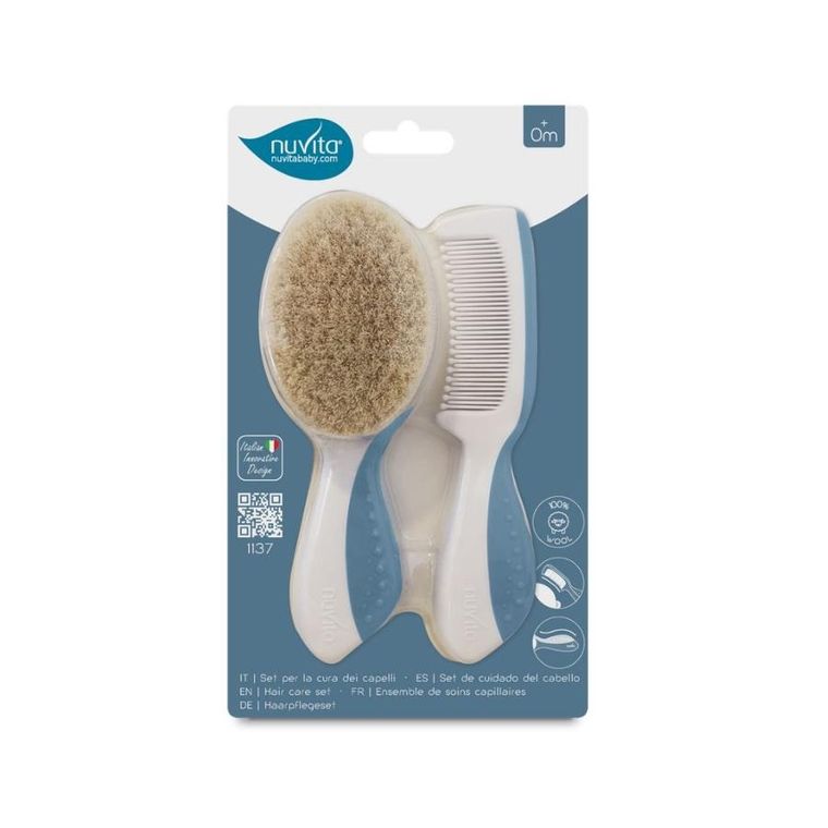 Nuvita, zestaw na ciemieniuchę: szczotka i grzebień, naturalne włosie, powder blue