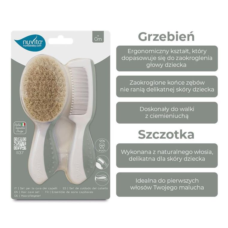 Nuvita, zestaw na ciemieniuchę: szczotka i grzebień, naturalne włosie, sage green