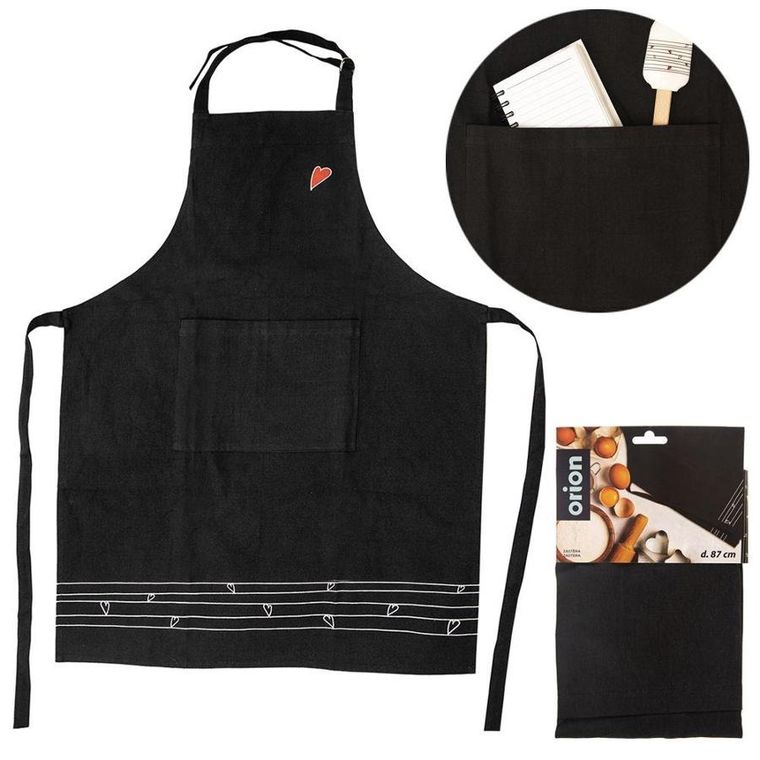 Orion, bawełniany fartuch kuchenny z kieszonką, czarny, serduszka