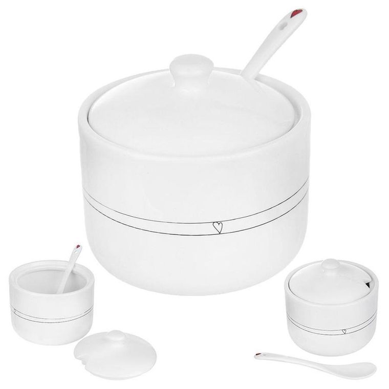 Orion, cukierniczka z łyżeczką i pokrywką, ceramiczna biała, serduszka