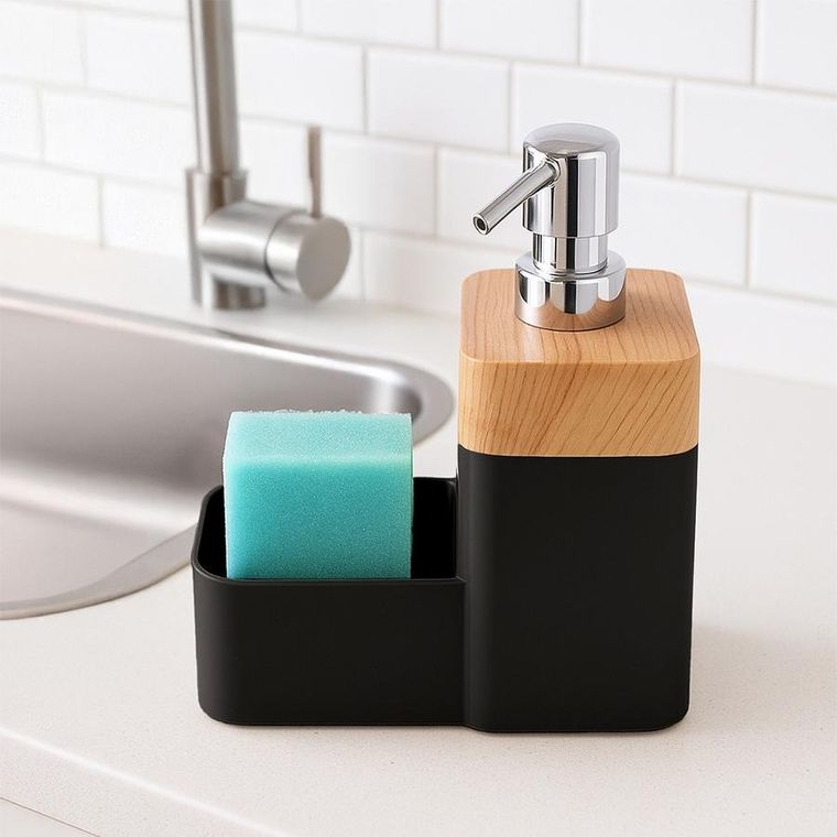 Orion, dozownik płynu do naczyń, z pojemnikiem na gąbkę, czarny, 500 ml