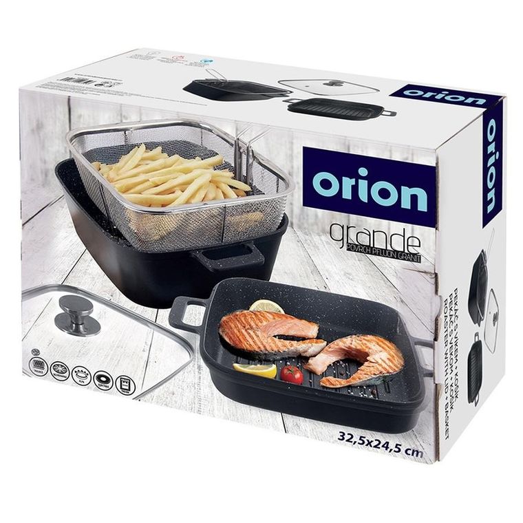 Orion, Grande, garnek granitowy, szklana pokrywka, patelnia grillowa, koszyczek, 2+4l, 4 elementy