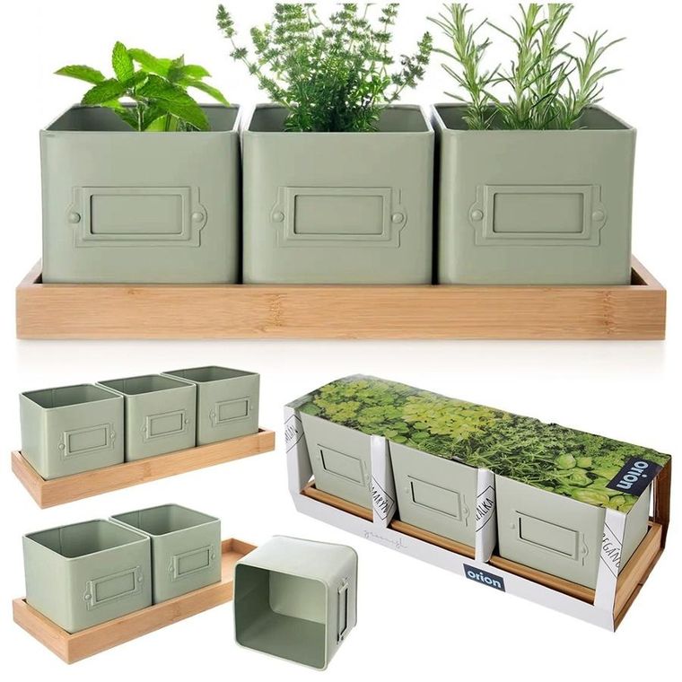 Orion, Greenish, osłonka na doniczkę zioła, na podstawce, 4 el.