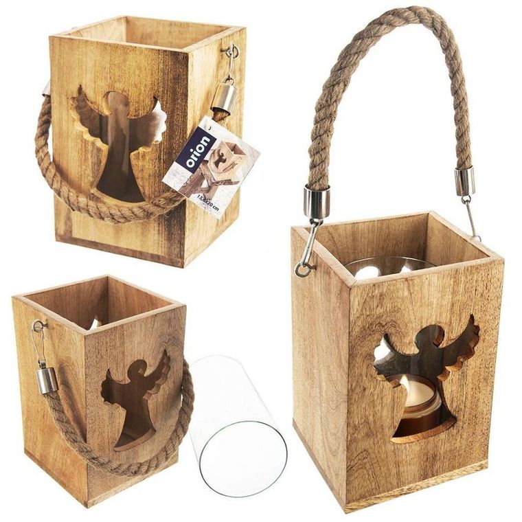 Orion, lampion na świeczkę drewniany, ze szklanym wkładem, anioł, 14-20.5 cm