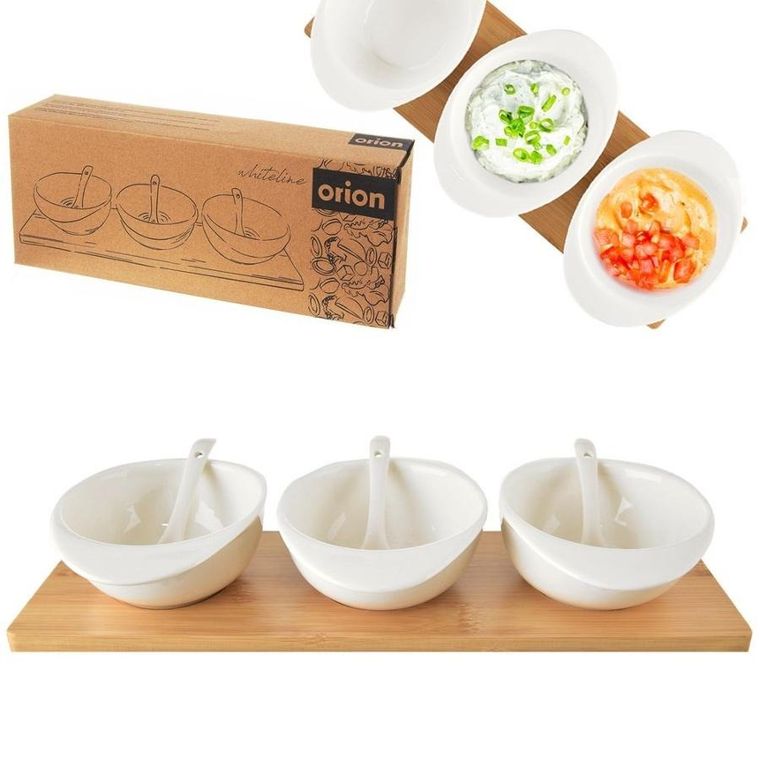 Orion, miseczki na przekąski, porcelanowe, białe na tacy, WhiteLine, 32 cm, 7 elementów