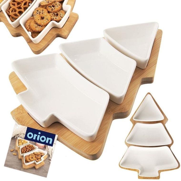 Orion, porcelanowe miseczki na przekąski, białe na tacy, 28 cm, 4 elementy
