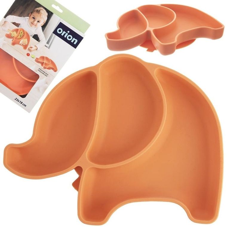 Orion, talerz dla dziecka, silikonowy, dzielony, pomarańczowy słonik, 23,5-19-3,5 cm