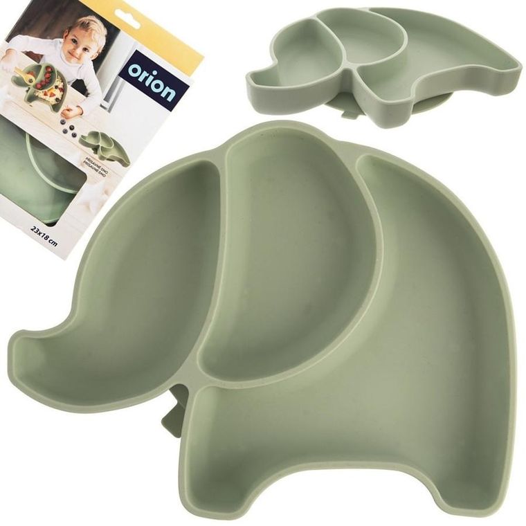 Orion, talerz dla dziecka, silikonowy, dzielony, zielony słonik, 23,5-19-3,5 cm
