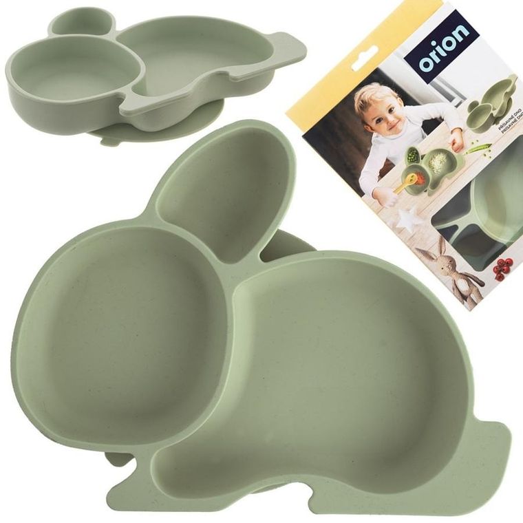 Orion, talerz dla dziecka silikonowy dzielony, zielony zajączek, 23-18,5-3,5 cm