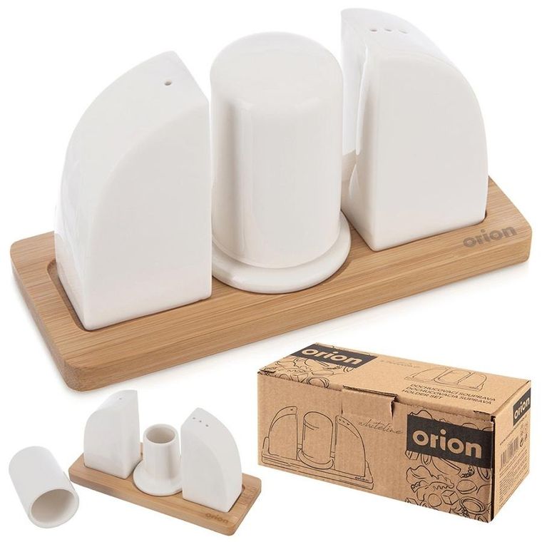 Orion, Whiteline, solniczka i pieprzniczka porcelanowa, ze stojakiem, 4 el.