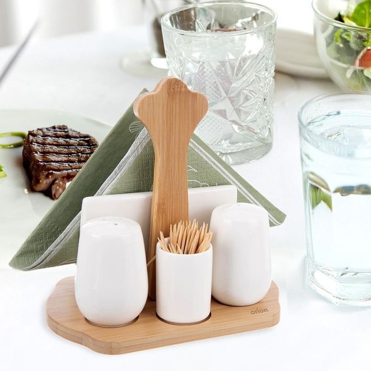 Orion, Whiteline, solniczka i pieprzniczka, porcelanowa, ze stojakiem i serwetnikiem, 5 elementów